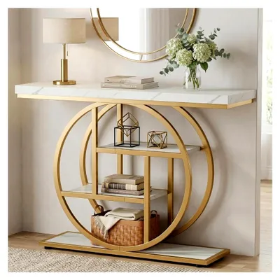 Produktbild von Konsolentisch 105 cm, Halbrunder Tisch, Industrial Regal, Holz Konsole, Eingangstisch für das Wohnzimmer, Schmaler Konsolentisch, 105 x 30 x 80 cm, Weiß Gold
