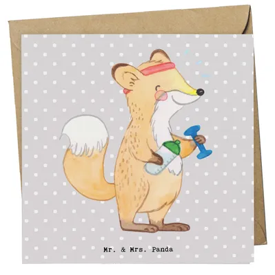 Produktbild von Mr. & Mrs. Panda Grußkarte Fuchs Fitness - Grau Pastell - Geschenk, Glückwunschkarte, doppelkarte, faltkarte, Sportclub, Kraftsport, Klappkarte, Sport Treiben