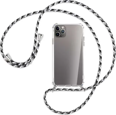 Produktbild von Handykette Backcover-Schutzhülle mit Band (Metall silberfarben) für Apple iPhone 11 Pro Max - schwarz/grau/weiß