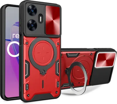 Immagine prodotto di Custodia per Realme C55 custodia resistente a doppio strato con copertura della fotocamera e supporto ad anello rosso