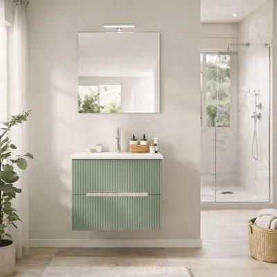 Produktbild von Hängendes Badmöbel 60cm Eiche Eis & Salbeigrün, 2 Schubladen mit Rillenfront, Keramikwaschbecken, vormontiert | Magnolia