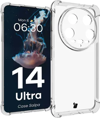 A transparent phone case is shown next to a phone displaying a jellyfish wallpaper.