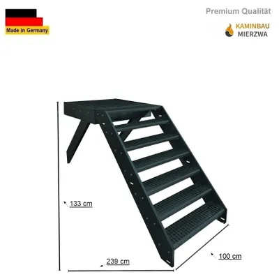 Produktbild von Podesttreppe Wangen- Stahltreppe 7 Stufen Höhe 133cm inklusive Podest 100x100cm ohne Geländer Anthrazit / Ausrichtung Treppe Vorne (Front) Außentreppe