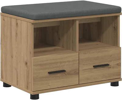 Imagen del producto de Banco con cojín y espacio de almacenamiento, ideal para recibidor. Banco de entrada de madera con 2 cajones y 2 estantes. Zapatero para pasillo y zona de entrada. Roble artesanal, 60x38x46 cm