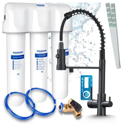 Image de Robinet de cuisine 3 voies Ari, finition noire mate, mitigeur extractible, livré avec un système de filtration d'eau Aquaphor Kristall