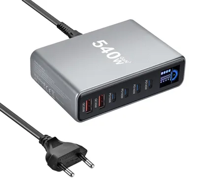 Produktbild von YMX-LCD 540W GaN USB Ladegerät 6-Port PD QC Schnellladestation mit Display 4xUSB-C 2xUSB-A Desktop Charger EU-Stecker, Schwarz