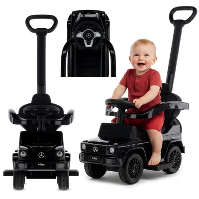 A baby is sitting in a black toy Mercedes-Benz G350d car with a push handle. The image is a collage of three different views of the toy car.