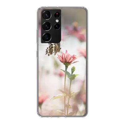 Produktbild von MuchoWow® Handyhülle Schutzhülle Hülle für Samsung Galaxy S21 Ultra Schmetterling - Blume - Rosa Silikon Softcase Handy Hülle - Mobiltelefon