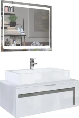 Produktbild von Vladon Waschtisch Waschbecken Unterschrank Aloha V2,  Germany, Korpus in Weiß matt / Fronten in Weiß Hochglanz mit Absetzungen in Grau Hochglanz, mit Aufsatzwaschbecken, Armatur (M1) und LED Spiegel