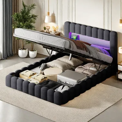 Produktbild von Doppelbettgestell 160 x 200 cm, Grau, mit Stauraum, Leinenbezug, LED-Beleuchtung, Kopfteil und Ladestation, Lattenrost