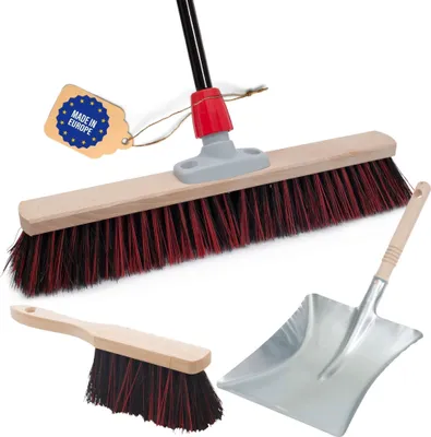 Produktbild von Novaliv Straßenbesen mit Stiel 50 cm Arenga-Elaston Borsten inkl. Kehrgarnitur schwarz bestehend aus Kehrblech und Handfeger Ideal als Gartenbesen Terassenbesen Stallbesen Kehrbesen Outdoor broom