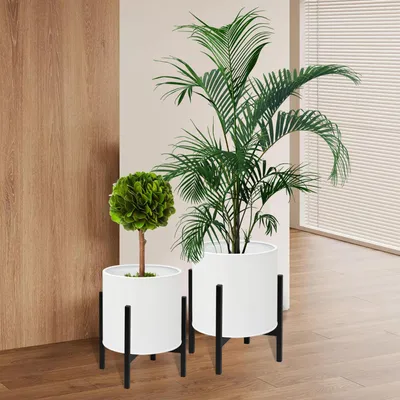 Produktbild von Set aus 2 modernen Blumentöpfen mit Untersetzer