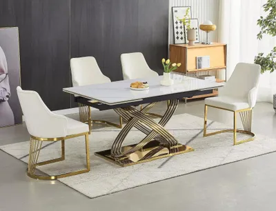 Produktbild von Ausziehbarer Designer-Esstisch NABIL – Weiß/Gold