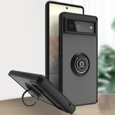 A Google Pixel 6 phone case with a ring holder is displayed, with another case shown in the foreground at an angle.