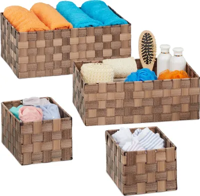 Image de Lot de 4 paniers de rangement Relaxdays, tressés, petits paniers de salle de bain, rectangulaires, 3 tailles, en plastique, paniers tressés, marron