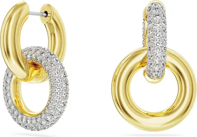 A pair of gold-toned hoop earrings with a linked, crystal-embellished oval charm.