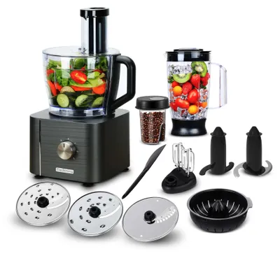 Produktbild von Küchenmaschine - 6-in-1 Food Processor - 1100 W - 3,2 l BPA-freie Schüssel - 3 Stufen + Pulse - Edelstahlmesser - Grau