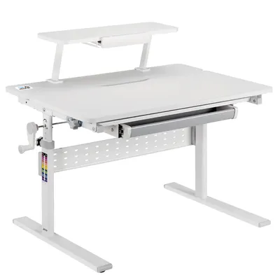 Produktbild von Ergo Office ER-483 Ergonomischer Kinderschreibtisch mit Höhenverstellung und Neigungsverstellung bis zu 40 Grad, Zusätzliche Ablage mit Buchhalterung, Kinder-Schultisch bis 40kg Schublade Taschenhaken