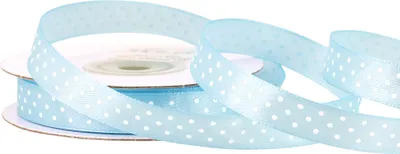 Einseitig glänzendes, weiß gepunktetes hellblaues Satinband auf Rolle. Perfekt für Bastelprojekte und Geschenkverpackungen