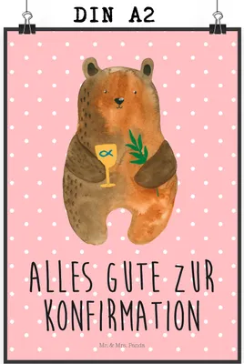 Produktbild von Mr. & Mrs. Panda Bild Bär Konfirmation DIN A2 - Rot Pastell - Geschenk, Evangelisch, Posterdruck, wanddeko, Kirche, Plakat, wandkunst, drucke, Teddy, Gottesdienst