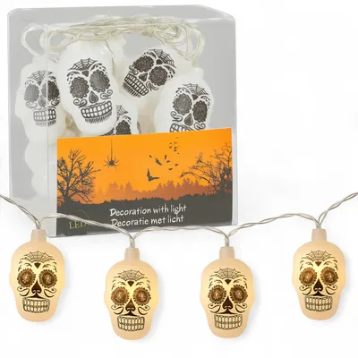 LED-Halloween-Lichterkette, 10 Totenköpfe, warmweiß, batteriebetrieben