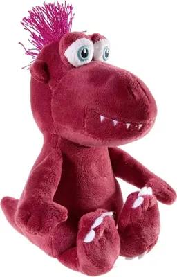 A plush toy dinosaur sitting down against a white background.