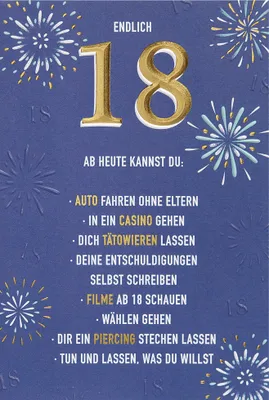 Produktbild von 18. Geburtstag Karte mit Umschlag, unverpackt, Endlich 18! Ab heute kannst du: