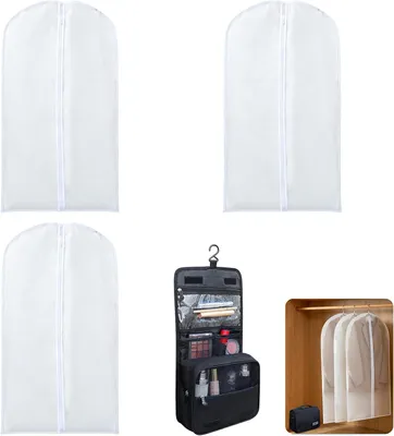 Productafbeelding van Kledingzak 60x100cm & Toilettas om op te hangen - Set van 3 - 3D kledinghoes transparant - Stofvrije kledingtas voor pak