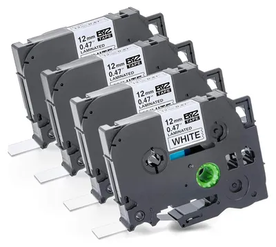 Produktbild von 4x Schriftband für Brother TZ231 TZ-231 TZE231 TZE-231 P-Touch 1010 1000 s d400 h100lb 900 PTOUCH Beschriftungsband Farbeband 12mm Schwarz auf Weiß Schriftband 12mm breit x 8m Länge