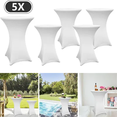 Obrázok produktu pre Jopassy 5x barový stôl s elastickým krytom na bistro stôl so 4 nožnými popruhmi Ø 70-75x110 cm biely