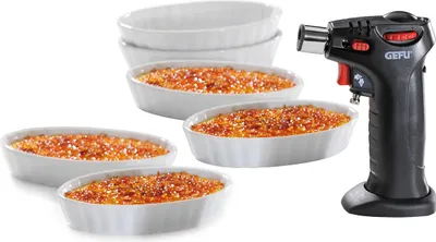 Produktbild von Crème Brûlée Set CARMELLO, 5 + 2-tlg. 1 Flambierbrenner, 4 + 2 Porzellanschälchen