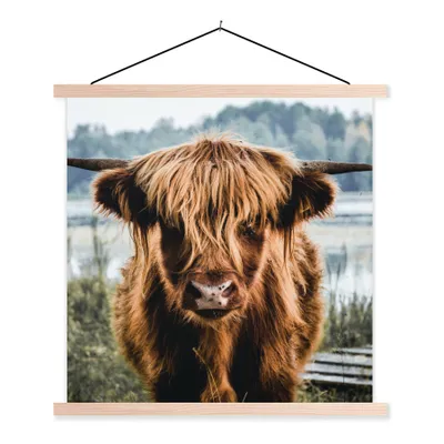 Produktbild von MuchoWow® Textilposter Kühe - Schottische Hochlandbewohner - Braun - Natur 120x120 cm mit holzfarbenen Rahmen - Textil-Poster