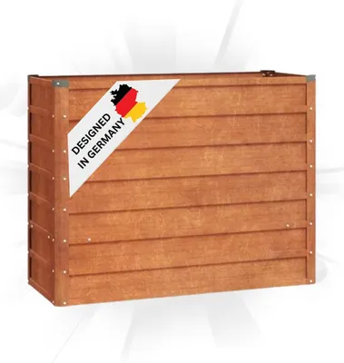 A wooden planter box with a "Designed in Germany" label.