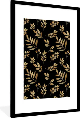 Produktbild von MuchoWow® MuchoWow® Gerahmtes Poster Muster - Blätter - Gold 60x90 cm - Poster mit zchwarzem Bilderrahmen - Dekoration - Wandposter Wohnzimmer - Hochwertig