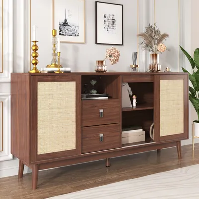 Image de MODFU Buffet - Bahut de Rangement avec Portes Coulissantes et Tiroirs, Buffet Polyvalent pour Salon et Salle à Manger, 155×38×80 cm, Brun Foncé
