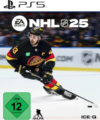 A hockey player in action on the ice, with game logos and rating symbols.