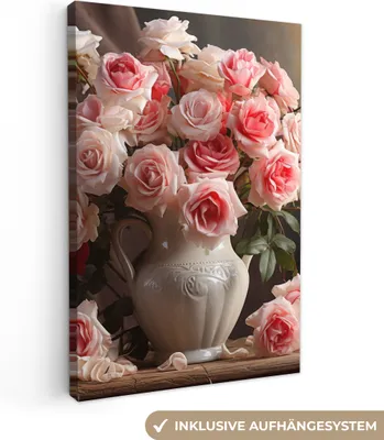 Produktbild von MuchoWow® - Leinwandbilder - Blumen - Rosen - Vase - Stilleben - Blumenstrauß, Wandbild, Wanddeko Bilder Wohnzimmer, 80x120 cm