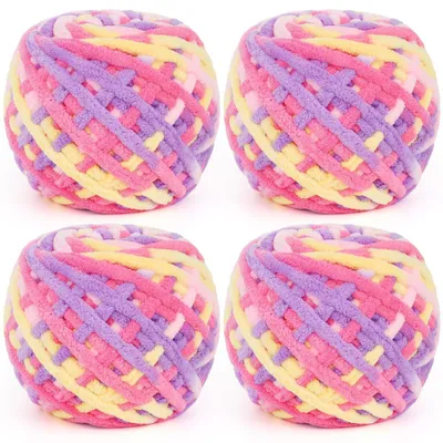 Immagine prodotto di Filato per uncinetto e maglia, effetto ombré rosa, lilla e giallo, 4 gomitoli da 100g, spessore 7 mm
