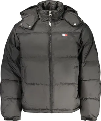A gray puffer jacket with a hood and a Tommy Hilfiger logo on the chest.