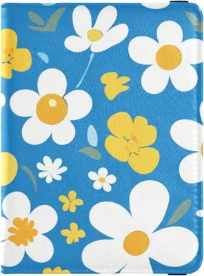 Immagine prodotto di Custodia per passaporto in pelle leggera, con motivo di fiori stilizzati in bianco e giallo su sfondo blu, impermeabile, per donna