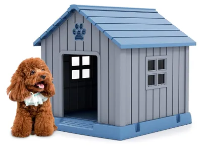 Produktbild von Hundehütte für draußen, Katzenhaus, winterfestes Hundehaus aus PP, Haustierhaus mit Eingang, 2 Fenstern, erhöhtem Boden und Schrägdach, für kleine und mittelgroße Hunde und Katzen, Blau