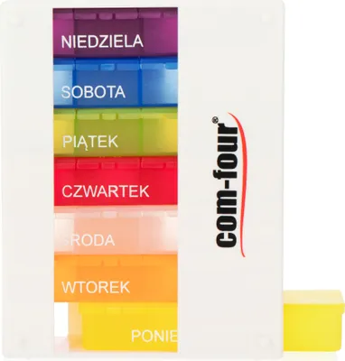 Produktbild von COM-FOUR® Tablettenbox 7 Tage mit polnischer Beschriftung (Poniedzialek - Niedziela) - Medikamentenbox 4 Fächer (rano, poludnie, wieczór, noc) - Tabletten Wochenbox [POLNISCH]