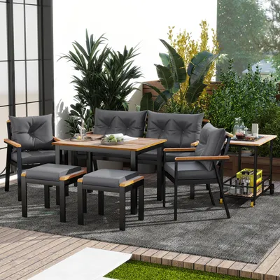 Produktbild von Esstisch- & Stuhlset aus Akazienholz – Gartenmöbel für 6-7 Personen, mit abnehmbarem Esswagen & waschbaren Stoffbezügen, Terrassenmöbel-Set