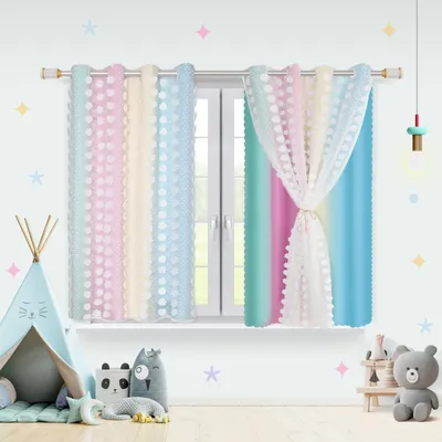 Produktbild von Kinderzimmer Gardinen mit Ösen Vorhang Kinderzimmer Mädchen Gardine Voile Vorhang  H 160  x B 132 cm 1er Set Doppellagige Verdunklungsvorhänge mit Voile, Macaron-Blau