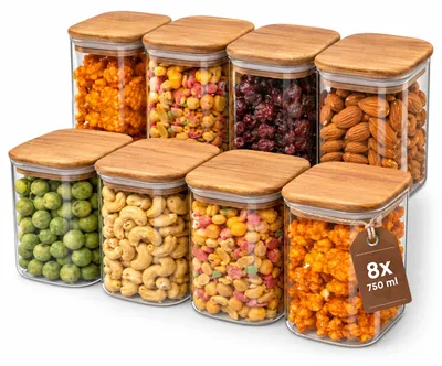 Produktbild von Glasbehälter mit Holzdeckel – Set mit 8 Stück – 750 ml – Luftdicht – Akazienholz