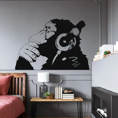 Produktbild von Decords Wandtattoo – denkender Affe mit Kopfhörern im Street-Art-Stil, 460 x 323 cm
