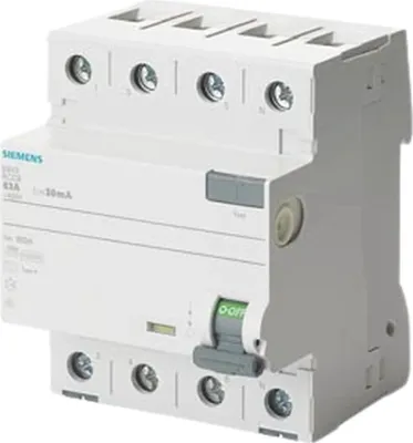 Produktbild von Siemens FI-Schutzschalter, 4-polig, Typ A, kurzzeitverzögert, 63 A, 30 mA, 1 Stk.