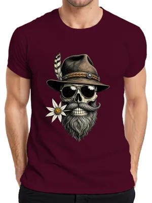 Produktbild von Totenkopf Bart Edelweiss Trachtenhut  Lederhose Dirndl Herren T-Shirt, Burgundy, L