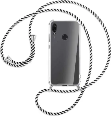 Produktbild von Handykette Backcover-Schutzhülle mit Band (Metall silberfarben) für Xiaomi Redmi Note 7 (Pro) - schwarz/weiß gestreift