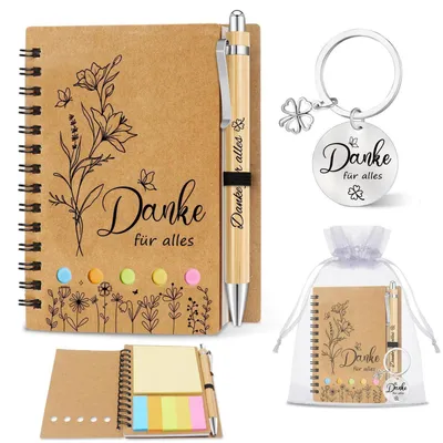 Immagine prodotto di Set regalo: quaderno, penna, portachiavi con la scritta "Grazie per tutto"